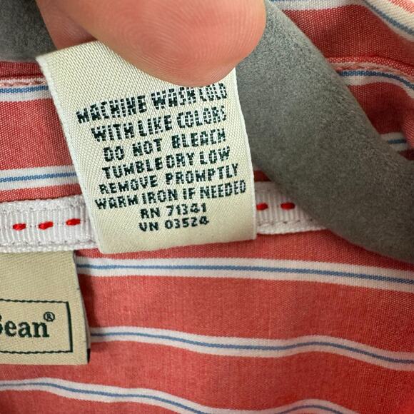 L.L. Bean Coral Blue White Cotton Collared Long Roll Tab Sleeve Button Down XL - Picture 6 of 6